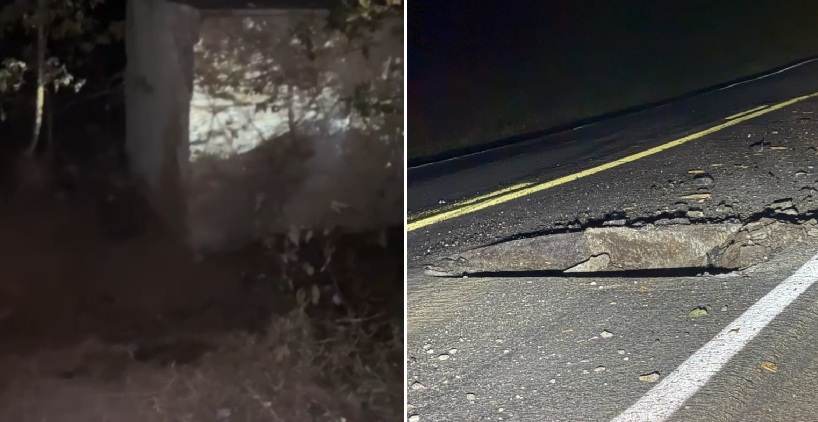 Pedra de granito cai de caminhão e abre enorme buraco no asfalto da BR-230