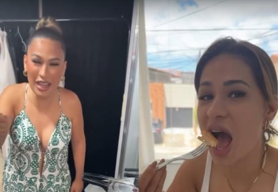 Simone Mendes elogia e “se esbalda” em galinha caipira servida no camarim em Uiraúna, na Paraíba: “muito gostosa”